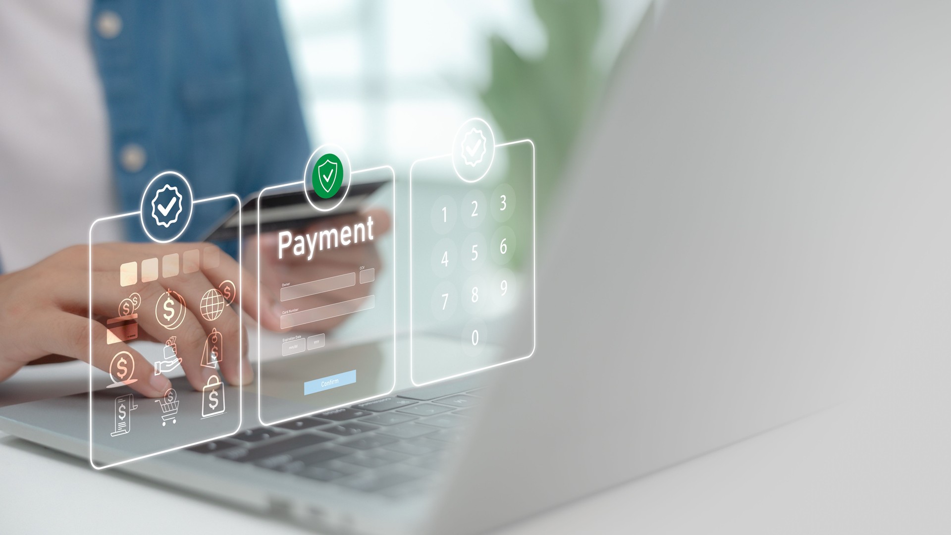 User interacting with secure digital payment interface on laptop. Concept of online transaction, fintech platform, financial technology, e-wallet, card payment, and cybersecurity solution.